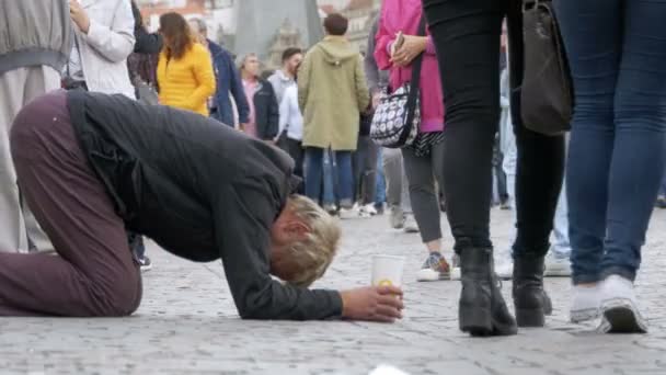 Hombre mendigo sin hogar con la taza de plástico en sus manos en la acera ruega por las limosnas de la gente que pasa por — Vídeos de Stock