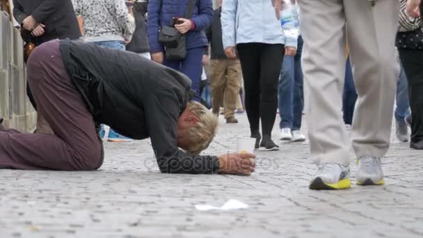 Homeless Beggar Homme avec tasse en plastique dans ses mains sur le trottoir supplie pour l'aumône de personnes passant par — Video