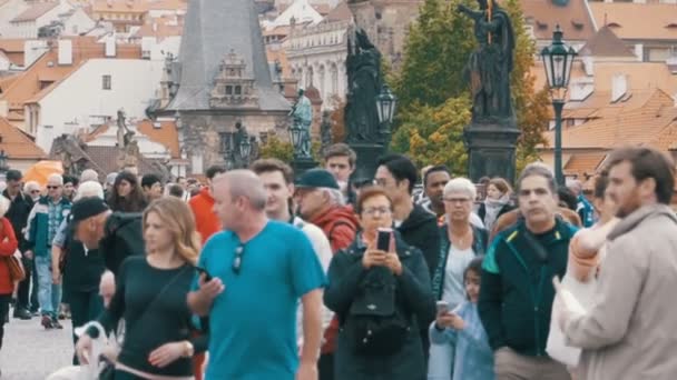 Tłum ludzi chodzących wzdłuż mostu Karola, Praga, Republika Czeska. Zwolnionym tempie — Wideo stockowe