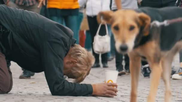 Бездомный нищий с пластиковой чашкой в руках на тротуаре просит милостыню у проходящих мимо людей — стоковое видео