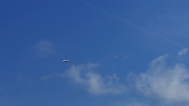 Airplane Penumpang Terbang Jauh di Langit Biru di atas Awan — Stok Video