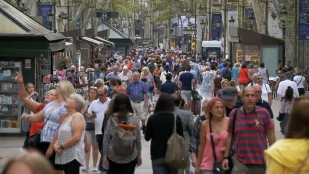 Толпа людей, идущих по оживленной городской улице в медленном движении — стоковое видео