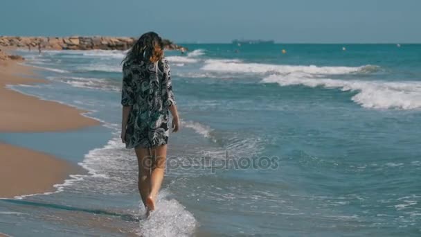 年轻的女孩走在海边海岸缓慢运动 — 图库视频影像