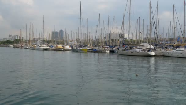 スペイン、バルセロナのポート ・ ベルで駐車中の船、ボート、ヨット. — ストック動画
