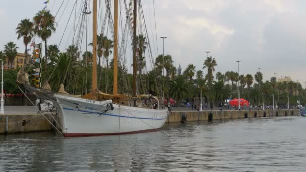 Barche parcheggiate in Rambla del Mar Porto di Barcellona, Spagna . — Video Stock