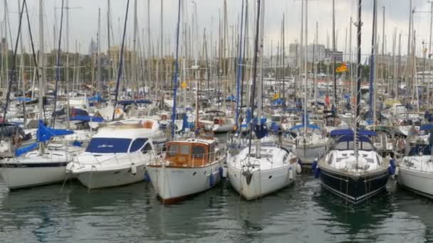 Park edilmiş gemiler, tekneler, yatlar Port Vell Barcelona, İspanya. — Stok video