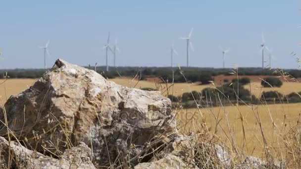 Turbinas eólicas sobre un fondo de piedra en el desierto de España — Vídeos de Stock