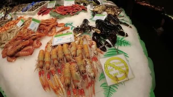Vitrína s čerstvými plody moře v La Boqueria rybího trhu. Barcelona. Španělsko. — Stock video