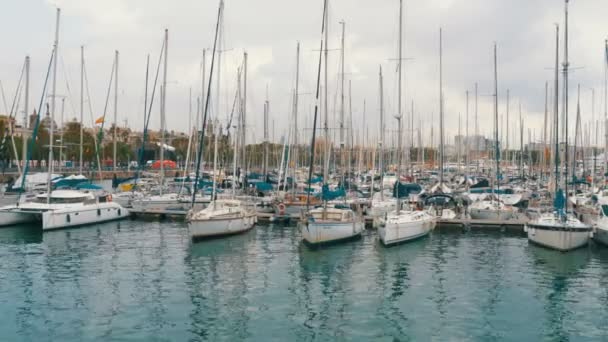 Zaparkowane statki, łodzie, jachty w Port Vell w Barcelonie, Hiszpania. — Wideo stockowe