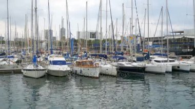Barcelona, İspanya 'nın Rambla del Mar Limanı' nda park halindeki gemiler, botlar, yatlar.