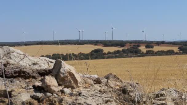 Windräder auf einem steinernen Hintergrund in der Wüste Spaniens — Stockvideo