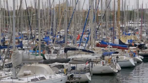 Park edilmiş gemiler, tekneler, yatlar Port Vell Barcelona, İspanya. — Stok video