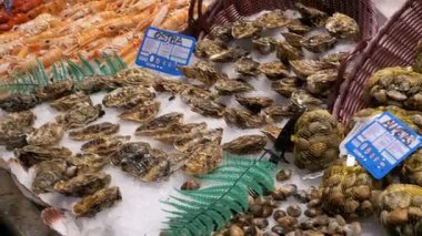 Vitrin La Boqueria balık pazarında taze deniz ürünleri ile. Barcelona. İspanya.