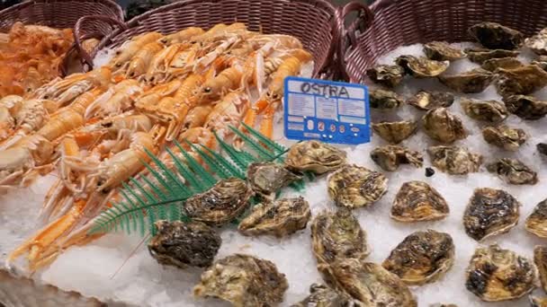 Витрина с Сеафудом на рыбном рынке La Boqueria. Барселона. Испания . — стоковое видео