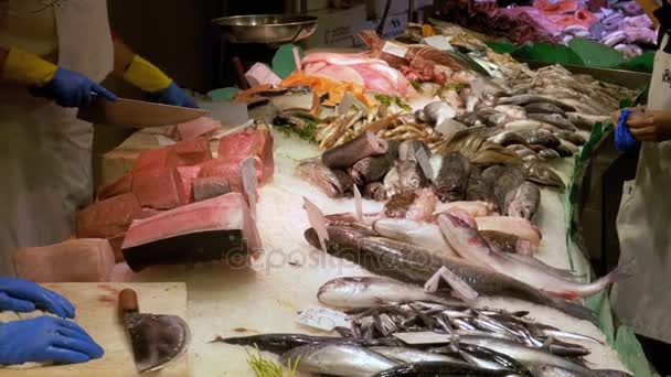 Escaparate con Mariscos en Hielo en el Mercado de Pescados La Boquería. Barcelona. España . — Vídeo de stock