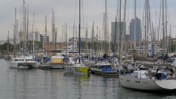 Zaparkované lodě, Lodě, Jachty v Rambla del Mar Port v Barceloně, Španělsko. — Stock video