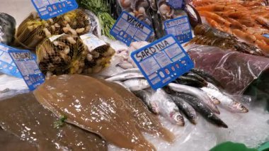 La Boqueria Pazar taze çeşitli egzotik deniz ürünleri ile sayaç. Barcelona. İspanya