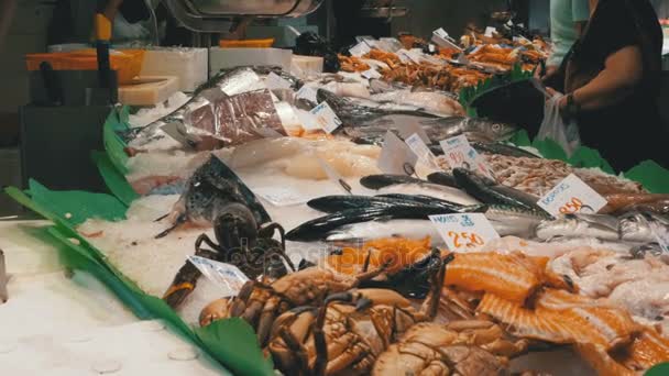 Vitrine met zeevruchten in La Boqueria vismarkt. Barcelona. Spanje. — Stockvideo