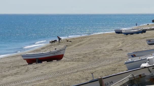 Barcos de pesca na costa da praia na Rocha de Gibraltar, Espanha . — Vídeo de Stock