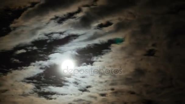 Luna llena se mueve a través de las nubes en el cielo nocturno. Cronograma — Vídeos de Stock