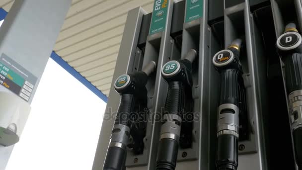 Gasoline or petrol station gas fuel pump nozzle. Filling station. Petrol station — Stock Video