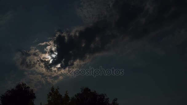 Full Moon flyttar på natthimlen genom mörka moln och träd. Timelapse — Stockvideo