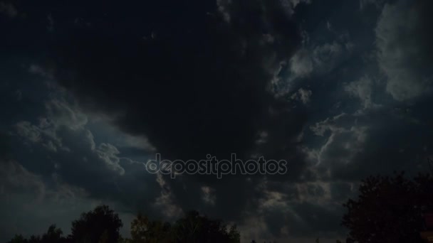 La pleine lune se déplace dans le ciel nocturne à travers les nuages et les arbres sombres. Délai imparti — Video