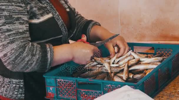 Marchand de poisson Échelle de poisson dans le stalle du marché — Video