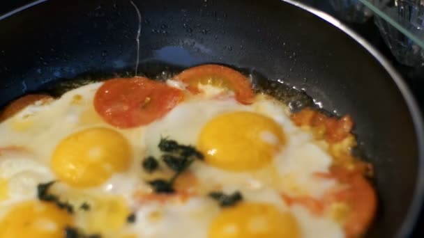 Жареные яйца, приготовленные на сковородке — стоковое видео