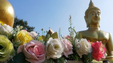 Çiçek Tayland tapınak büyük bir altın Buda bir arka plan üzerinde. Pattaya