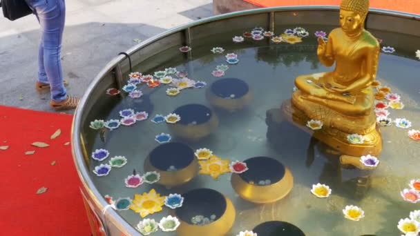 在一座佛教寺庙里漂浮在水上的荷花形状的五颜六色的蜡烛。帕塔亚.泰国. — 图库视频影像