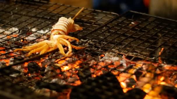 Squid Cooked on the Grill Grate in Night Food Market, Thailand Street Food. Thailand — Stock Video