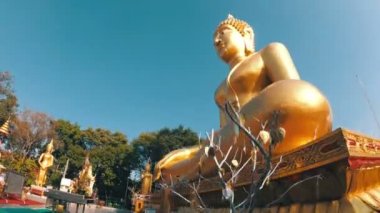 Büyük altın Buddha heykeli kamera düzgün hareket. Tayland