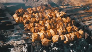 Doğada bir ateşte şiş kebap şişleri üzerinde yemek. Ağır çekim