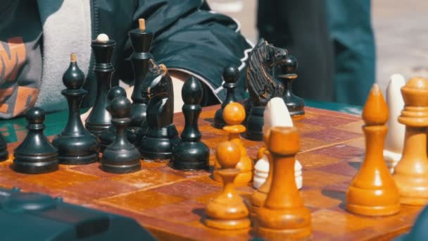 Šachovnice a postavy. Soutěže v dáma mezi dětmi — Stock video