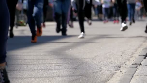 İnsanlar ve sporcular koşucular bacaklar kalabalık yolun şehrin git — Stok video