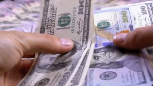 Mens Hands Hold a Pile of American Dollars against the Background of Rotating Money — Stock Video