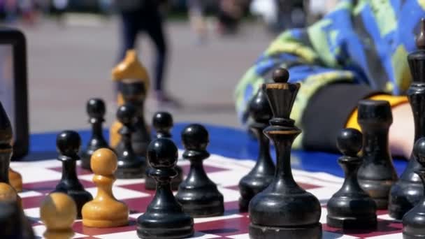 Chessboard and figures. Competitions in checkers among children — Stock Video