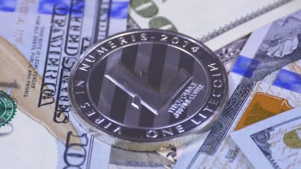 Silver Litecoin Coin, LTC and Bills of Dollars are Rotating — Stock Video
