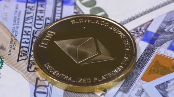 Gold Ethereum Coin, ETH and Bills of Dollars are Rotating — Stock Video