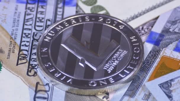 Zilveren Litecoin schijfje, Ltc en rekeningen van de dollar zijn roterende — Stockvideo