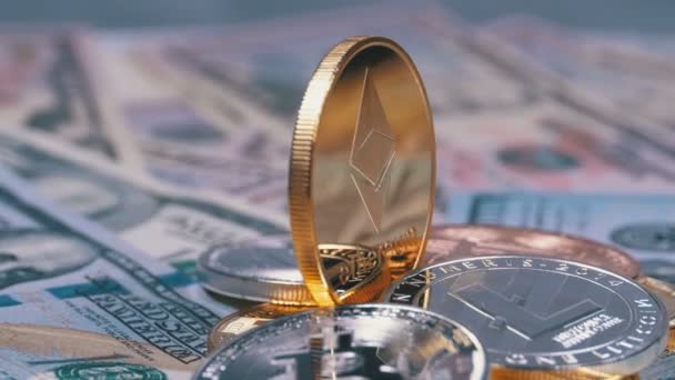 Gold Ethereum Coin, ETH and Bills of Dollars are Rotating — Stock Video