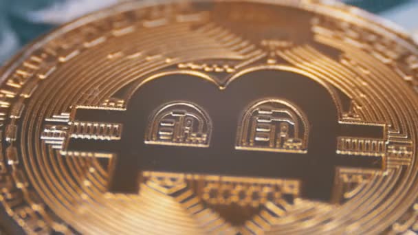 Χρυσό Bitcoin νόμισμα Cryptocurrency, BTC περιστρέφεται στο παρασκήνιο με δολάρια ΗΠΑ — Αρχείο Βίντεο