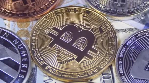 Bitcoin med olika Cryptocurrency Litecoin, Ethereum, Dash Mynt, och räkningar dollar roterar — Stockvideo