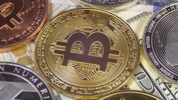 Bitcoin met verschillende cryptogeld litecoin, Ethereum, Dash Munten, en facturen van dollars roteren — Stockvideo