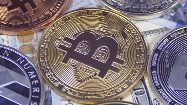Bitcoin με διαφορετικές Litecoin Cryptocurrency, Ethereum, κέρματα παύλα, και τους λογαριασμούς των δολαρίων περιστρέφονται — Αρχείο Βίντεο