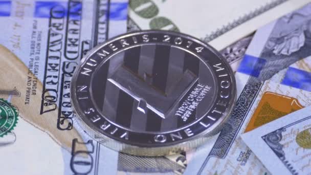 Silver Litecoin Coin, LTC and Bills of Dollars sedang diputar — Stok Video
