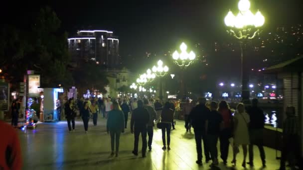 Yalta May 2018 雅尔塔的夜间堤岸 克里米亚 人们沿着被路灯点着的路走着 — 图库视频影像