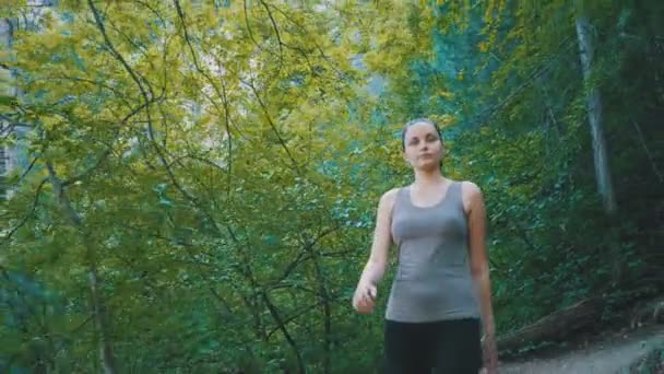 산에 있는 숲의 흔적 경로에 여행자 여자 하이킹. 바위에 걸어 — 비디오