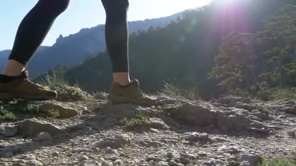 Ver en Pies de Mujer Viajera Senderismo Caminando en la cima del acantilado en la montaña. Moción lenta — Vídeo de stock